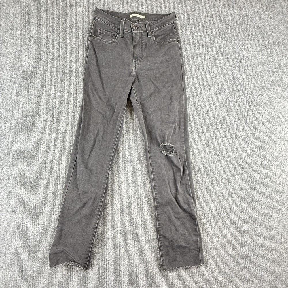 Levi's 724 High Rise Straight Jeans Womens 26‎ Charcoal Distressed Raw Hem Denim